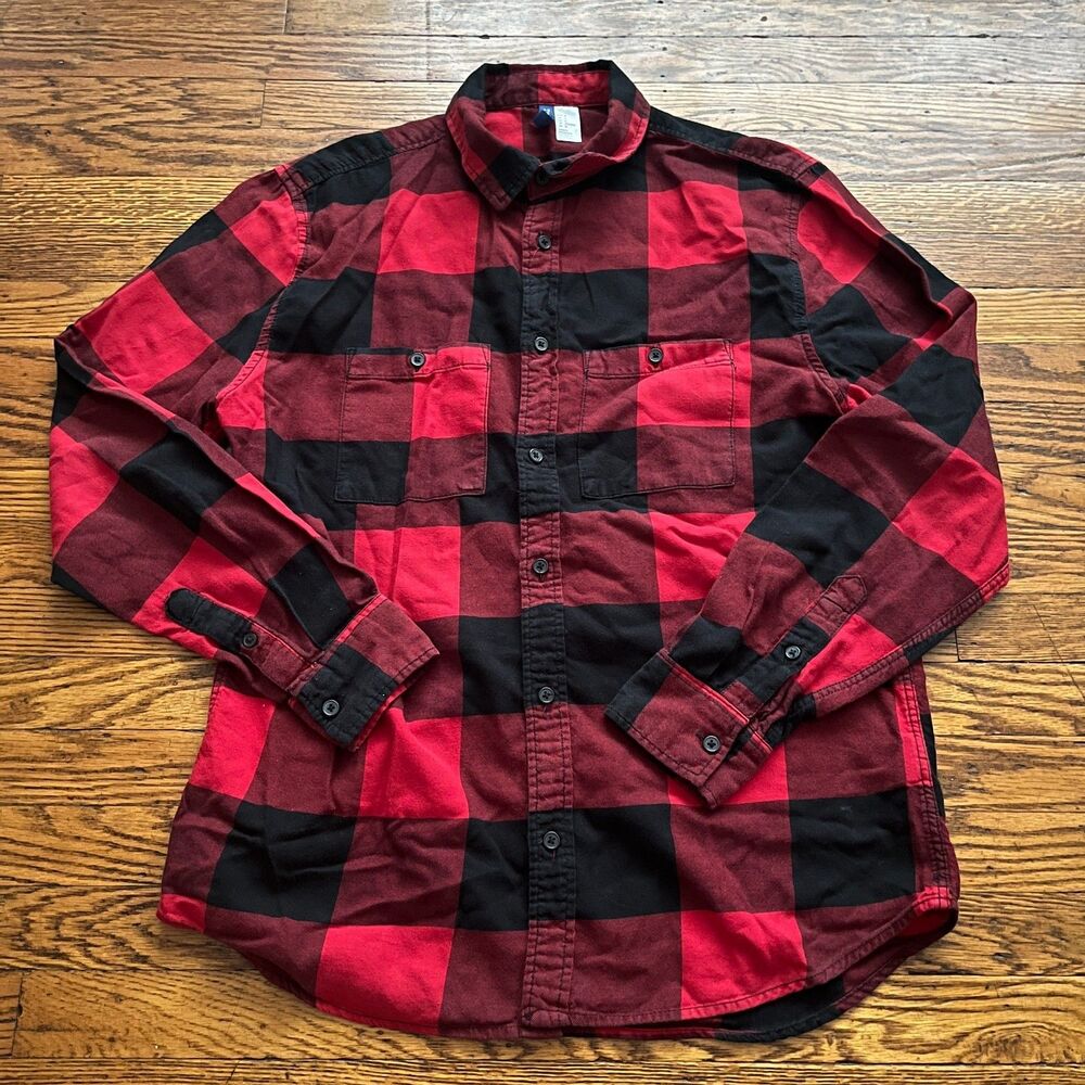 H&M Divided Men's M Red Black Buffalo Plaid Flannel Shirt Cotton Button Up